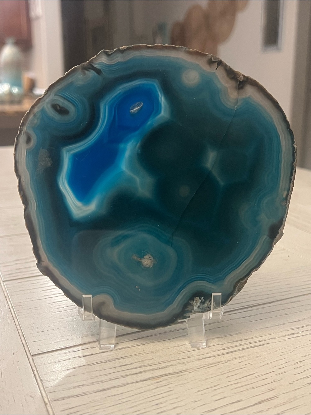 Large Blue Teal Agate Slice Geode Crystal 6” w/ Display Stand Coastal Decor